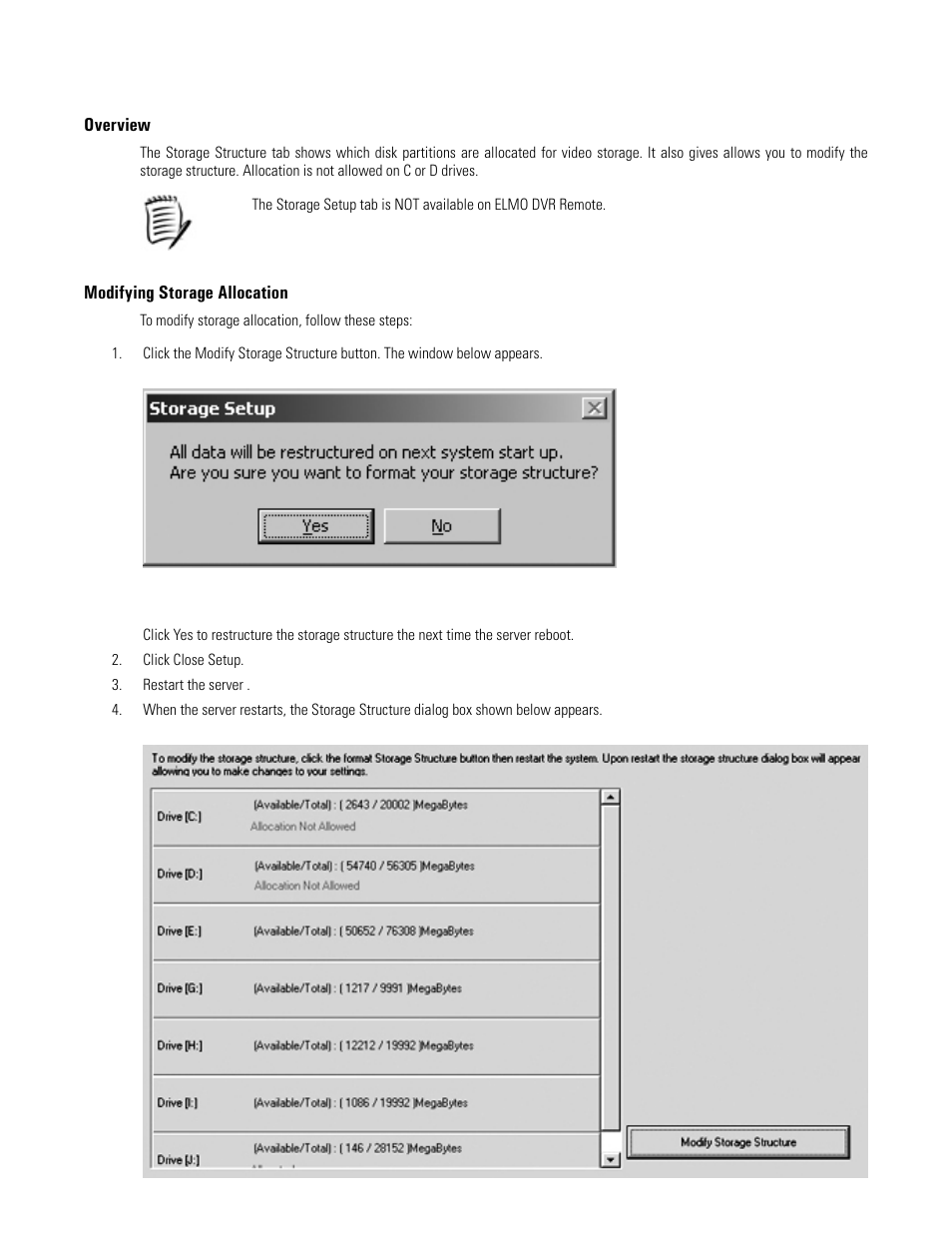 Overview, Modifying storage allocation, Storage setup | Storage structure | Elmo EDR-X216 User Manual | Page 34 / 83