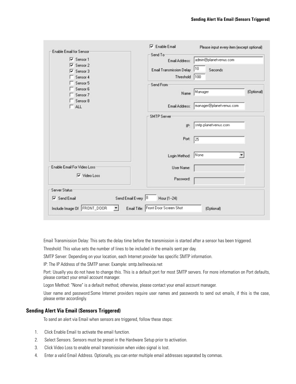 Sending alert via email (sensors triggered), Email | Elmo EDR-X216 User Manual | Page 39 / 83