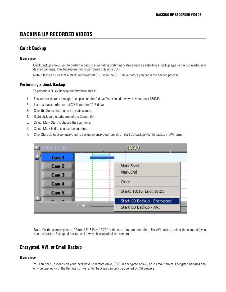 Backing up recorded videos, Quick backup, Overview | Performing a quick backup, Encrypted, avi, or email backup, Search mode quick backup | Elmo EDR-X216 User Manual | Page 43 / 83