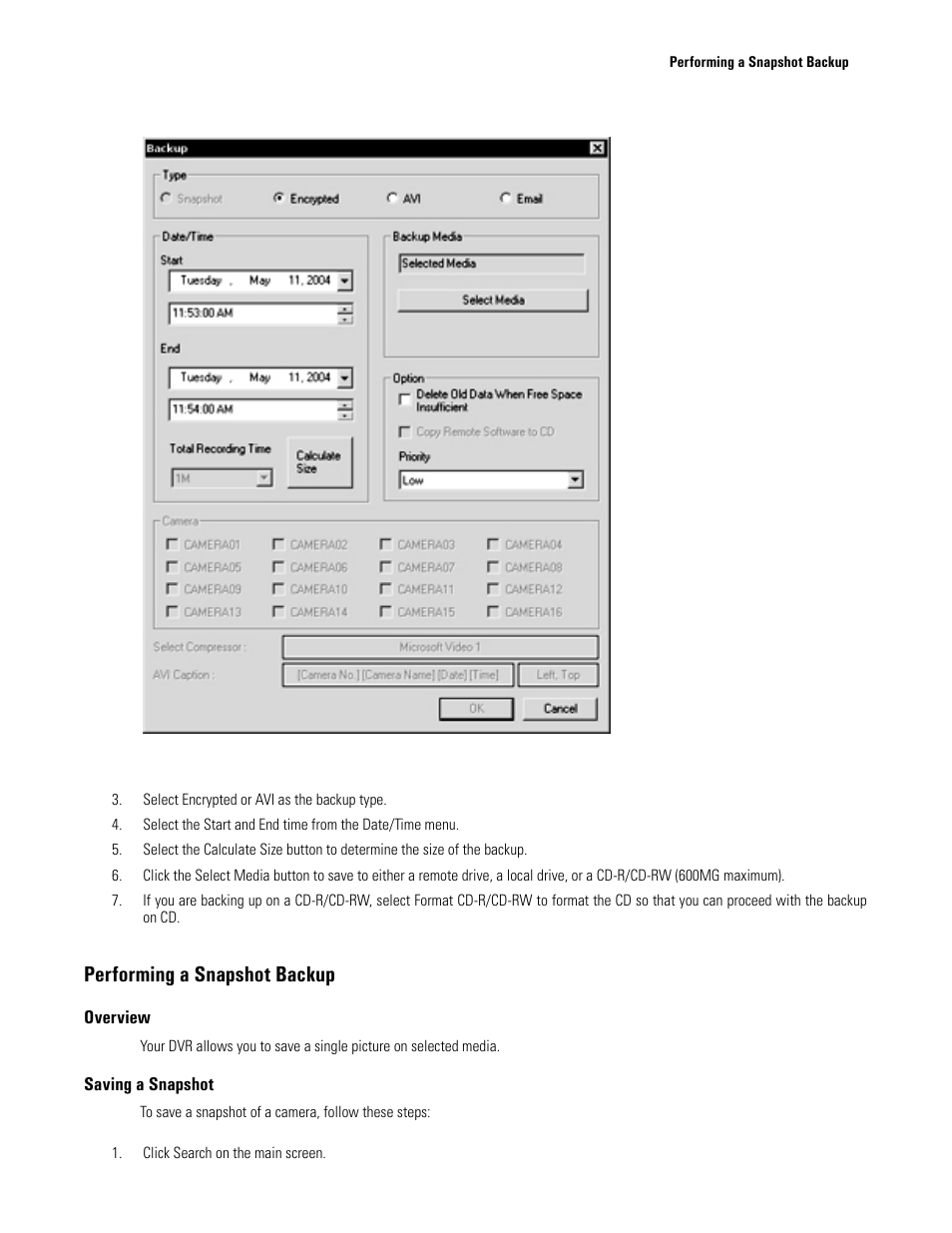 Performing a snapshot backup, Overview, Saving a snapshot | Backup screen | Elmo EDR-X216 User Manual | Page 45 / 83