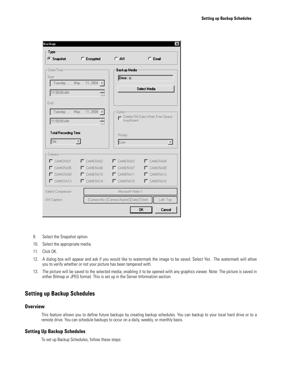 Setting up backup schedules, Overview, Backup dialog window | Elmo EDR-X216 User Manual | Page 47 / 83