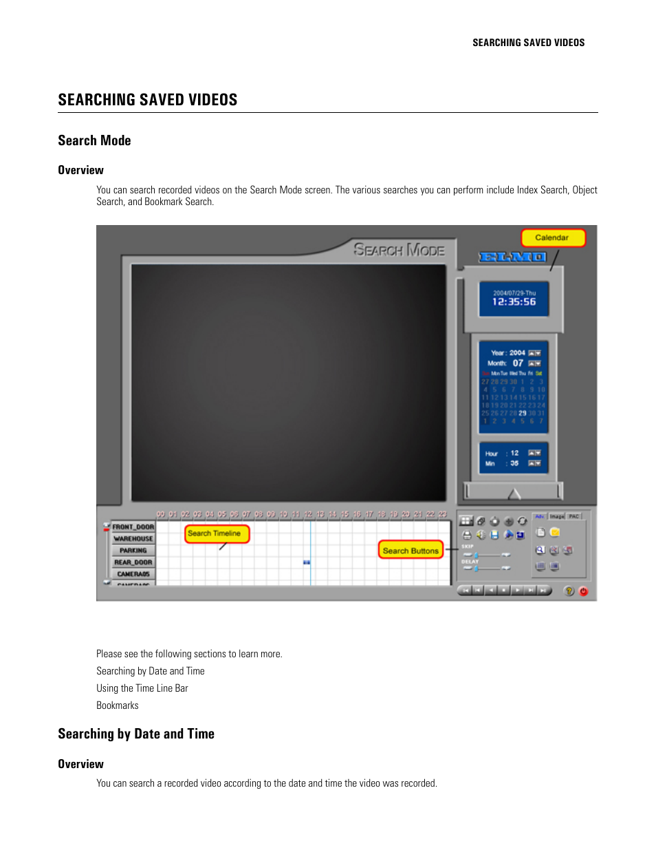 Searching saved videos, Search mode, Overview | Searching by date and time | Elmo EDR-X216 User Manual | Page 53 / 83