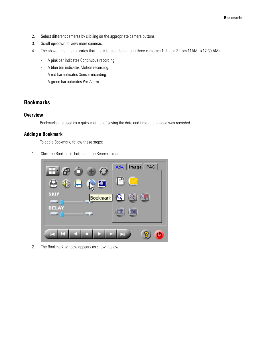 Bookmarks, Overview, Adding a bookmark | Elmo EDR-X216 User Manual | Page 55 / 83