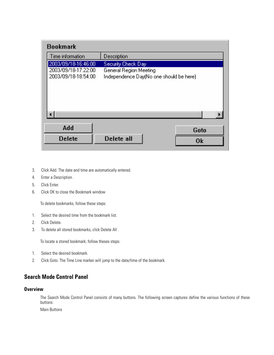 Search mode control panel, Overview, Bookmark window | Elmo EDR-X216 User Manual | Page 56 / 83