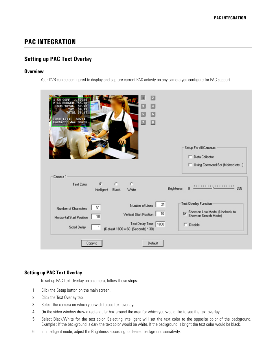 Pac integration, Setting up pac text overlay, Overview | Pac text overlay | Elmo EDR-X216 User Manual | Page 63 / 83