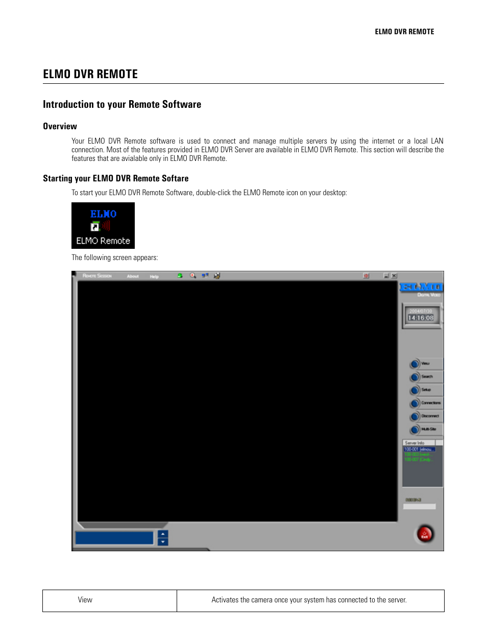 Elmo dvr remote, Introduction to your remote software, Overview | Starting your elmo dvr remote softare, Elmo dvr remote main screen | Elmo EDR-X216 User Manual | Page 65 / 83