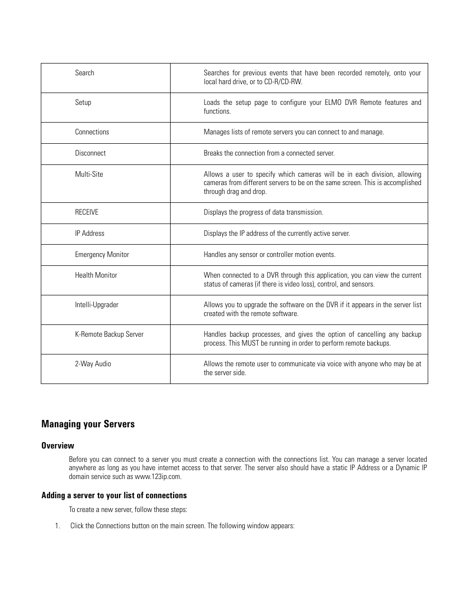 Managing your servers, Overview, Adding a server to your list of connections | Elmo dvr remote main screen features | Elmo EDR-X216 User Manual | Page 66 / 83