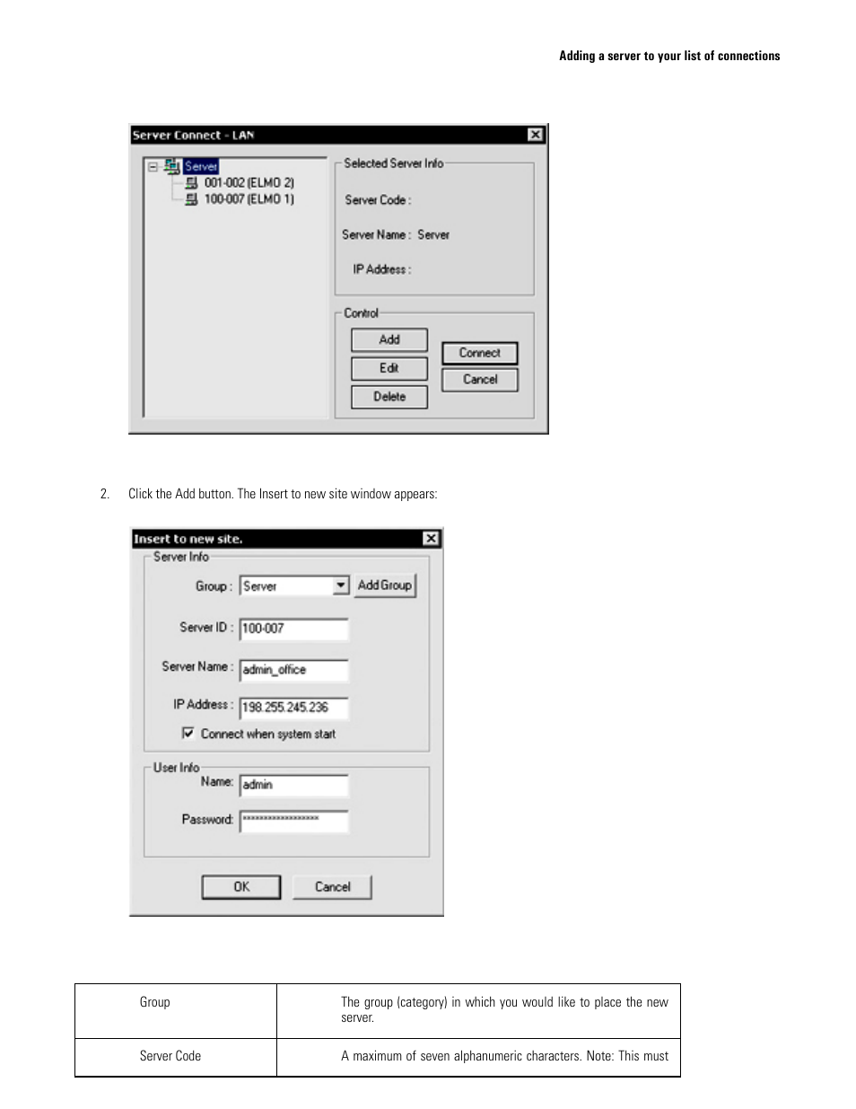 Server connect window, Creating a new site | Elmo EDR-X216 User Manual | Page 67 / 83