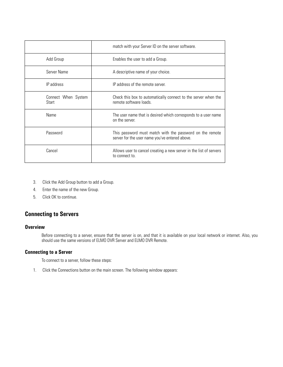 Connecting to servers, Overview, Connecting to a server | Insert to new site window features | Elmo EDR-X216 User Manual | Page 68 / 83