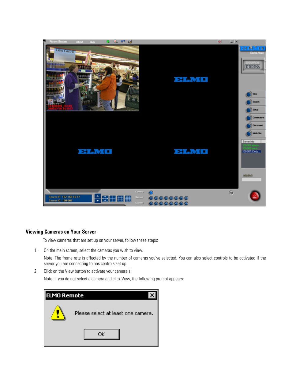 Viewing cameras on your server, Remote software main screen, No camera selected prompt | Elmo EDR-X216 User Manual | Page 70 / 83