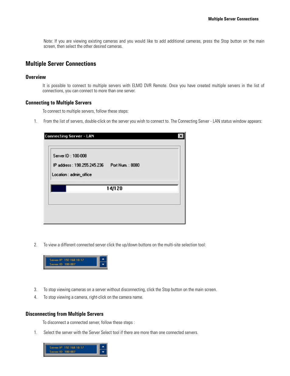 Multiple server connections, Overview, Connecting to multiple servers | Disconnecting from multiple servers, Connecting server progress window, Multi-site selection tool, Multi-site selection too | Elmo EDR-X216 User Manual | Page 71 / 83