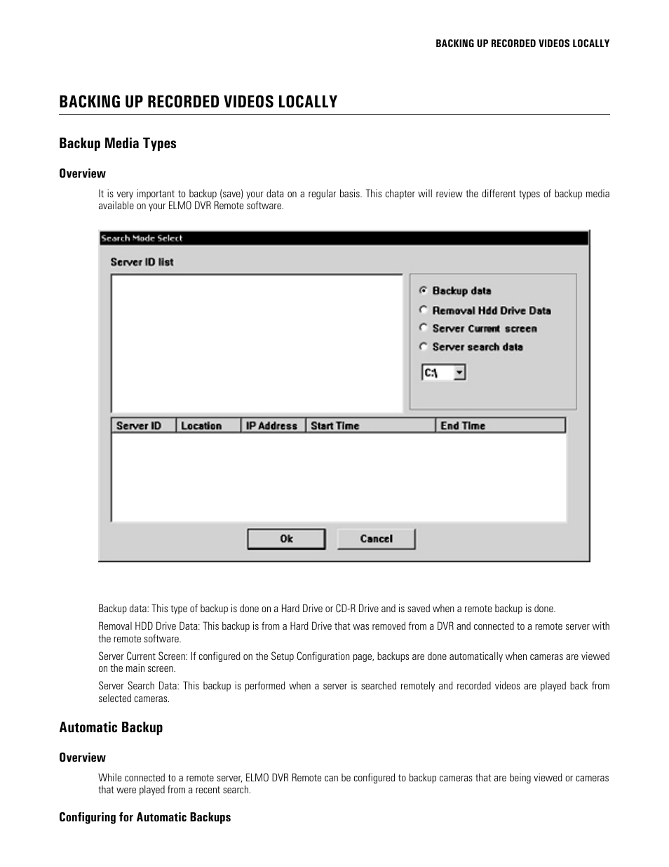 Backing up recorded videos locally, Backup media types, Overview | Automatic backup, Configuring for automatic backups | Elmo EDR-X216 User Manual | Page 73 / 83