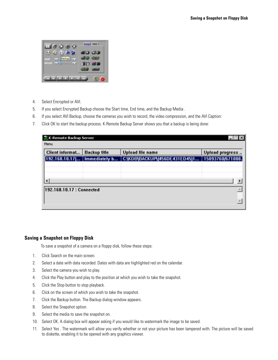 Saving a snapshot on floppy disk, Search mode- backup button, K-remote backup server | Elmo EDR-X216 User Manual | Page 75 / 83