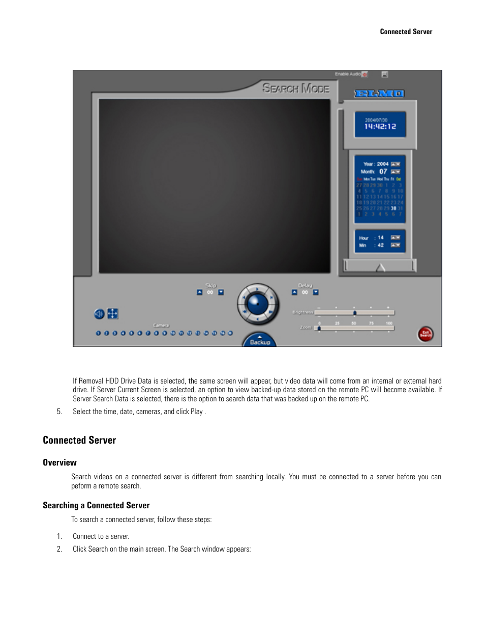 Connected server, Overview, Searching a connected server | Local video search/playback window | Elmo EDR-X216 User Manual | Page 79 / 83