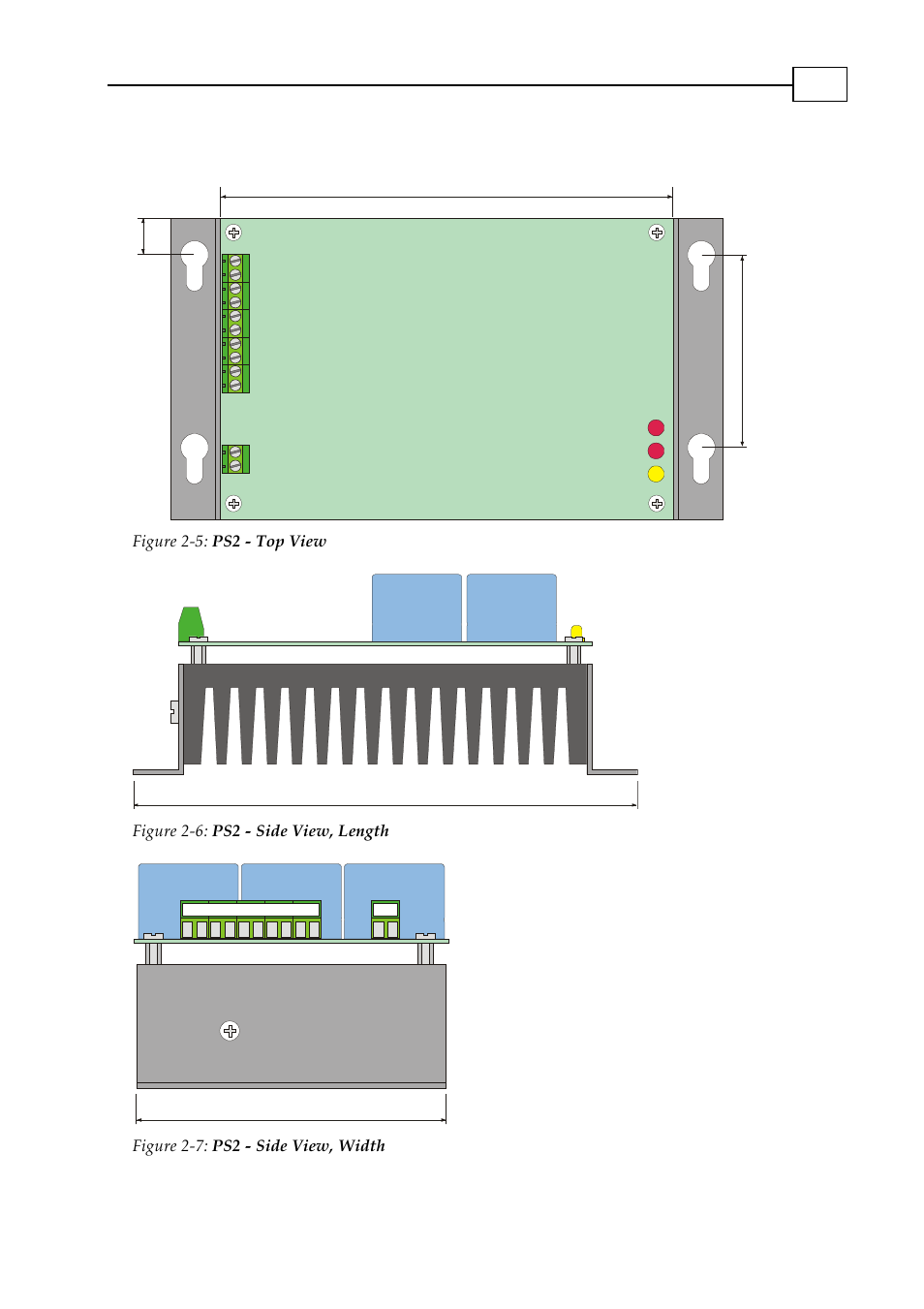 Ps2 (for pss-15/100 and pss-12/200) -6, Figure 2-5: ps2 - top view, Figure 2-6: ps2 - side view, length | Figure 2-7: ps2 - side view, width | Elmo PSS 6U User Manual | Page 11 / 17