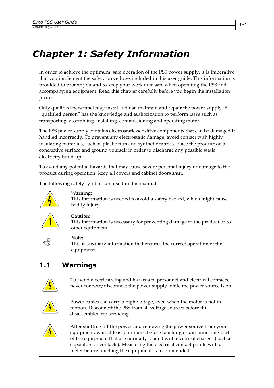 Chapter 1: safety information -1, Warnings -1, Chapter 1: safety information | 1 warnings | Elmo PSS 6U User Manual | Page 4 / 17