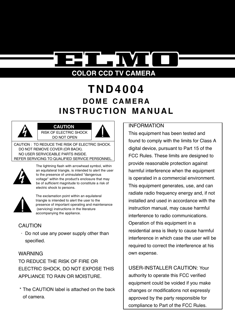 Elmo Dome Camera TND4004 User Manual | 12 pages