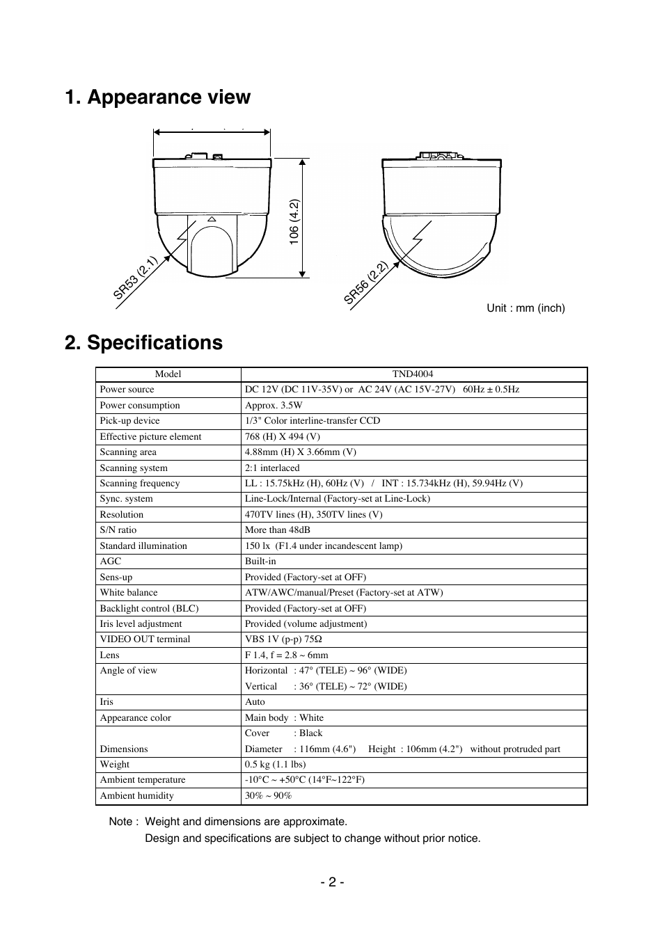 Appearance view 2. specifications | Elmo Dome Camera TND4004 User Manual | Page 3 / 12