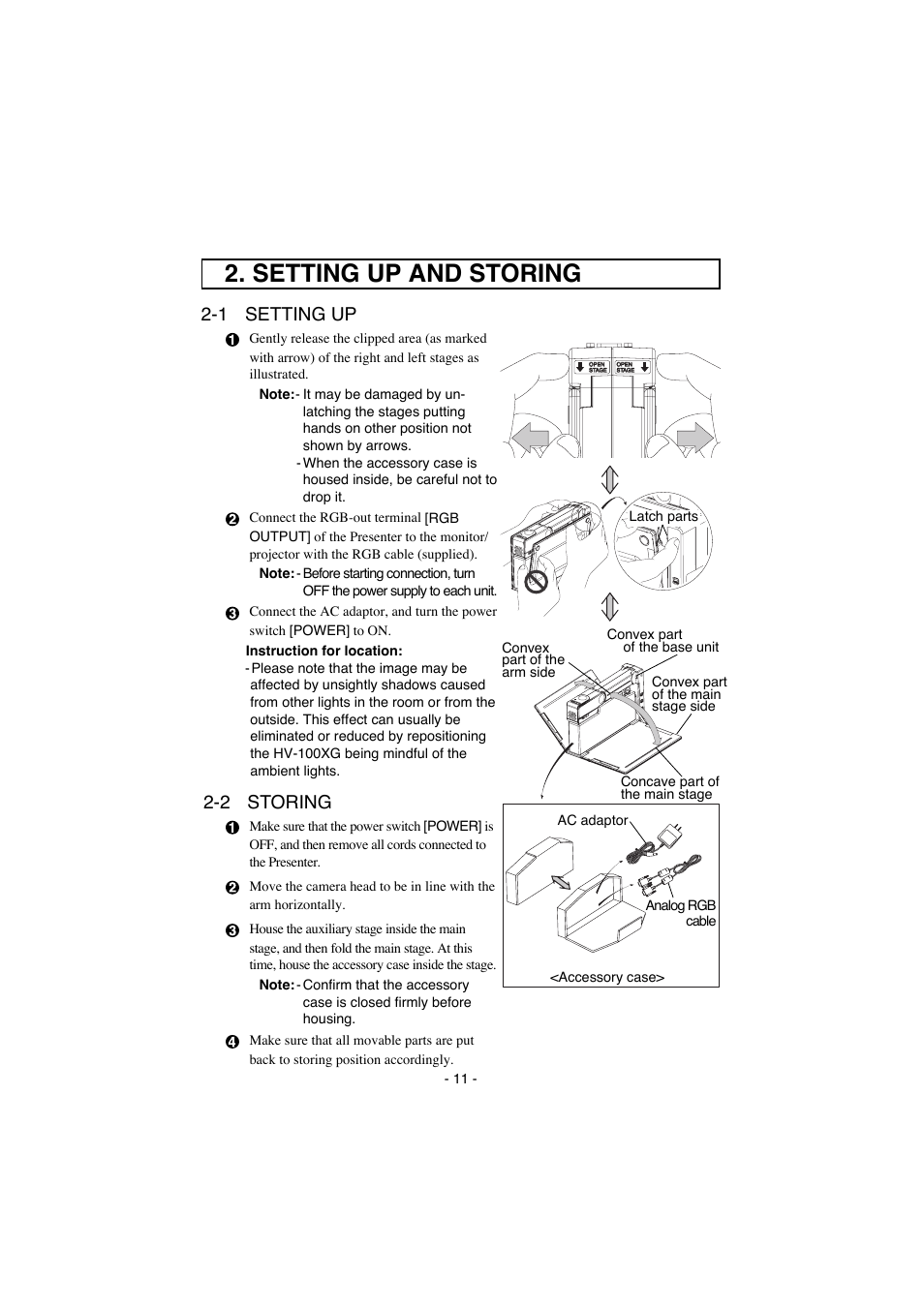 Setting up and storing, 1 setting up, 2 storing | Elmo Visual Presenter HV-100XG User Manual | Page 12 / 16