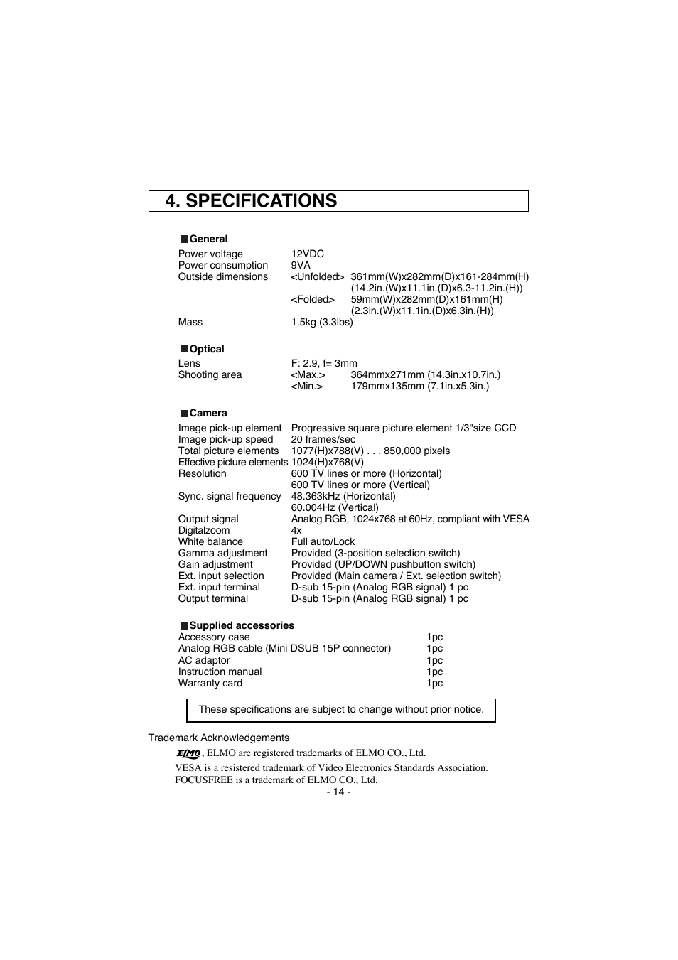 Specifications | Elmo Visual Presenter HV-100XG User Manual | Page 15 / 16