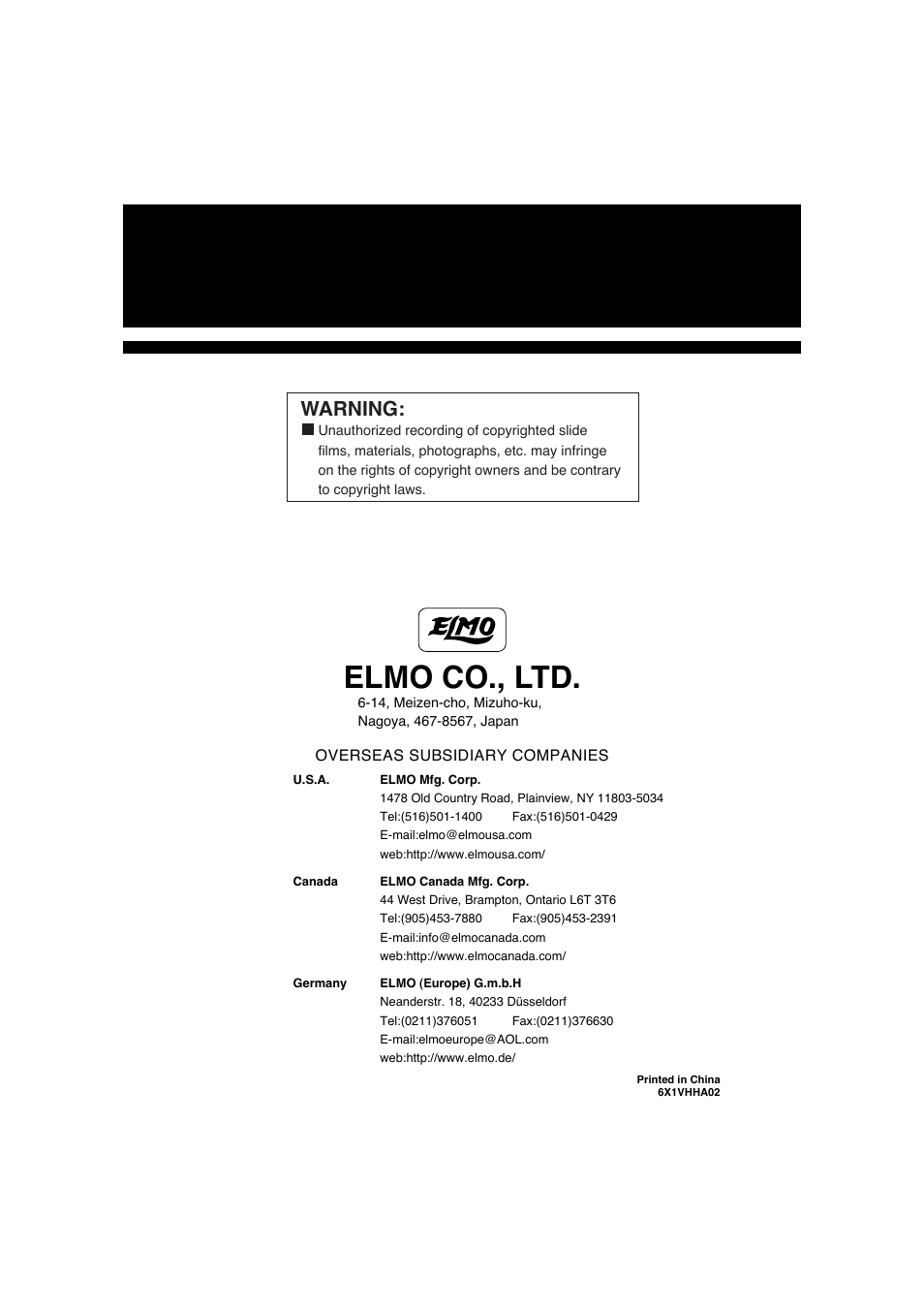 Elmo co., ltd, Warning | Elmo Visual Presenter HV-100XG User Manual | Page 16 / 16