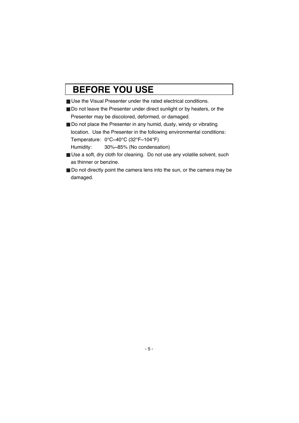 Before you use | Elmo Visual Presenter HV-100XG User Manual | Page 6 / 16