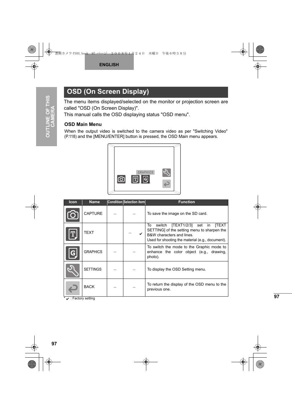 Osd (on screen display) | Elmo Document Camera P30S User Manual | Page 18 / 78