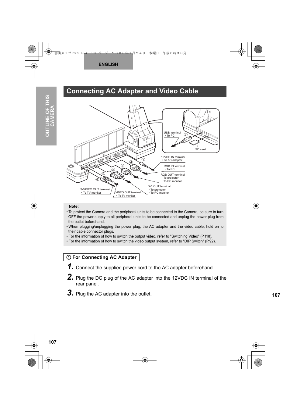 Connecting ac adapter and video cable | Elmo Document Camera P30S User Manual | Page 28 / 78