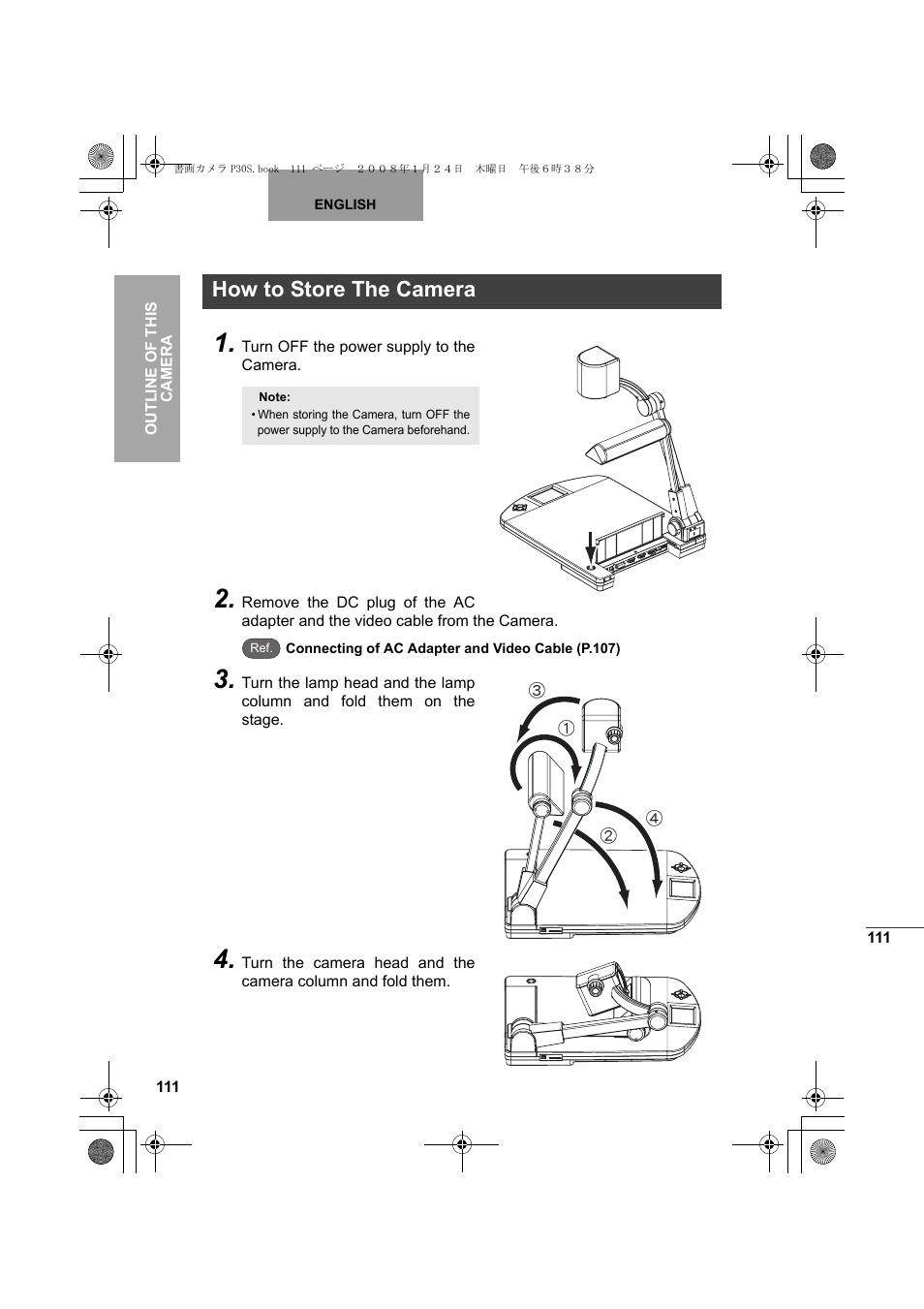 How to store the camera | Elmo Document Camera P30S User Manual | Page 32 / 78