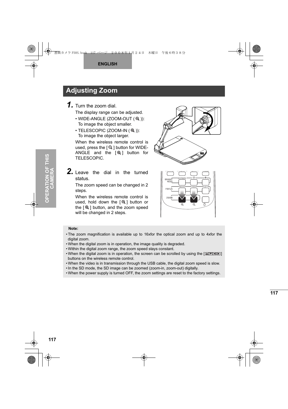 Adjusting zoom | Elmo Document Camera P30S User Manual | Page 38 / 78