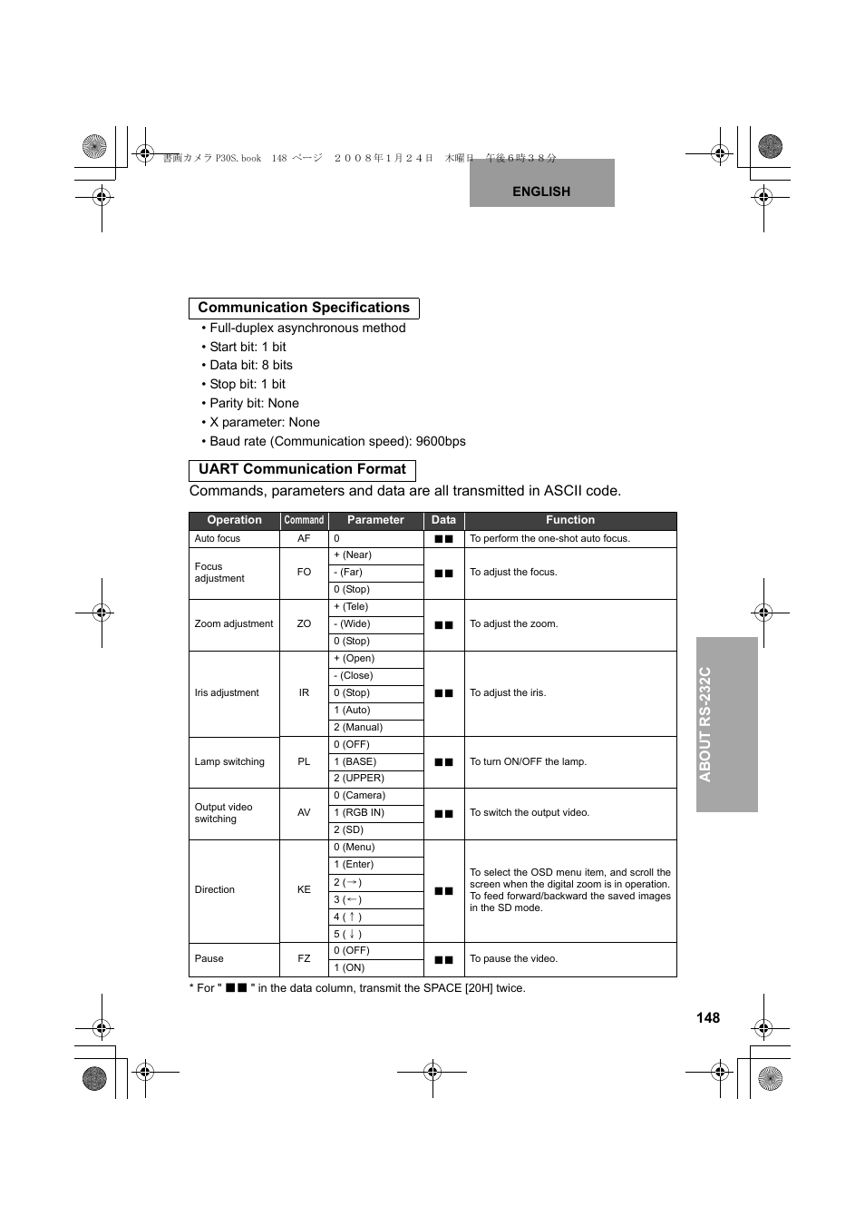 About rs-232c | Elmo Document Camera P30S User Manual | Page 69 / 78