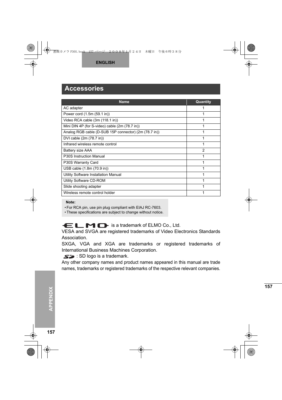 Accessories | Elmo Document Camera P30S User Manual | Page 78 / 78
