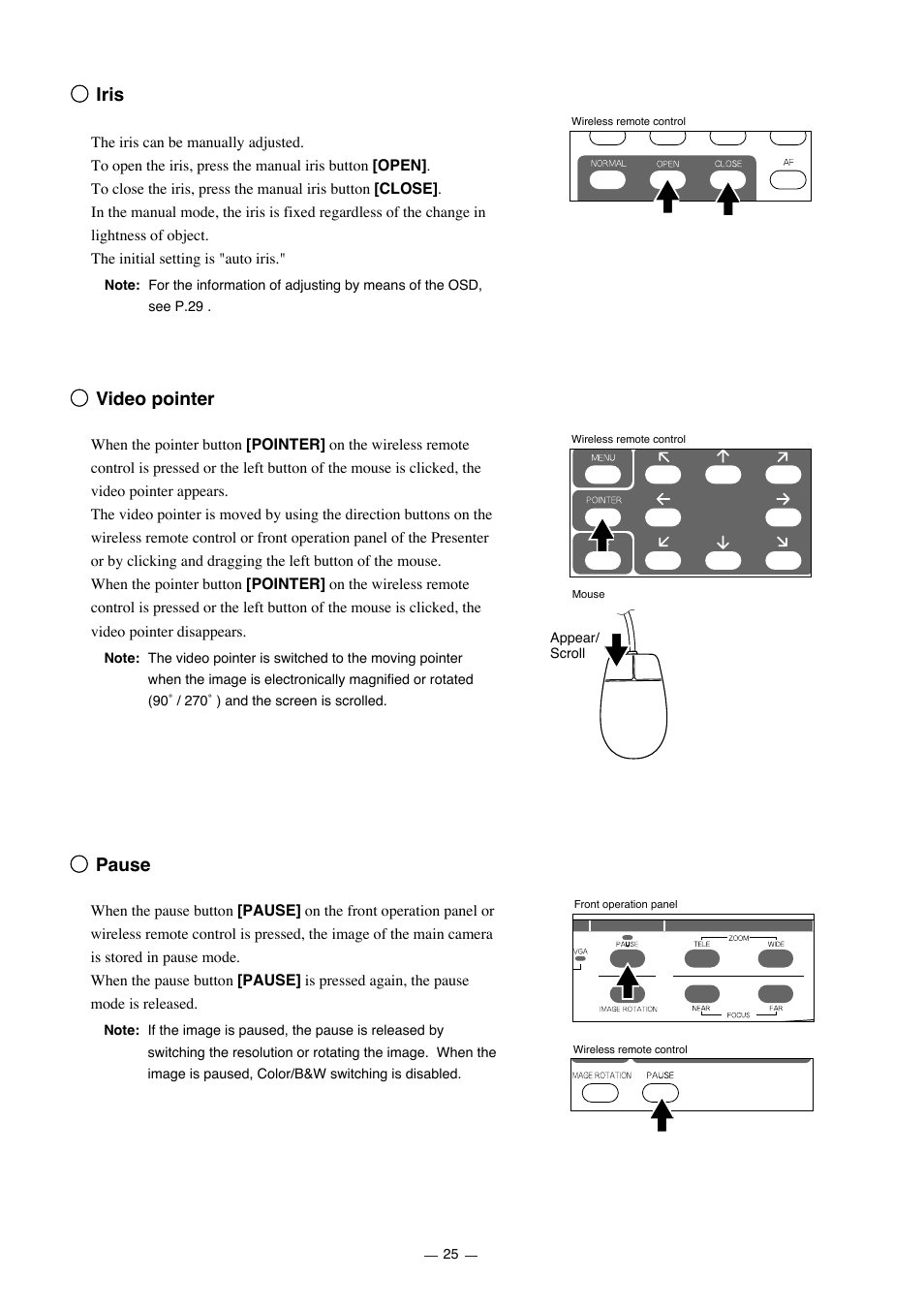 Iris, Video pointer, Pause | Elmo HV-7000SX User Manual | Page 26 / 40