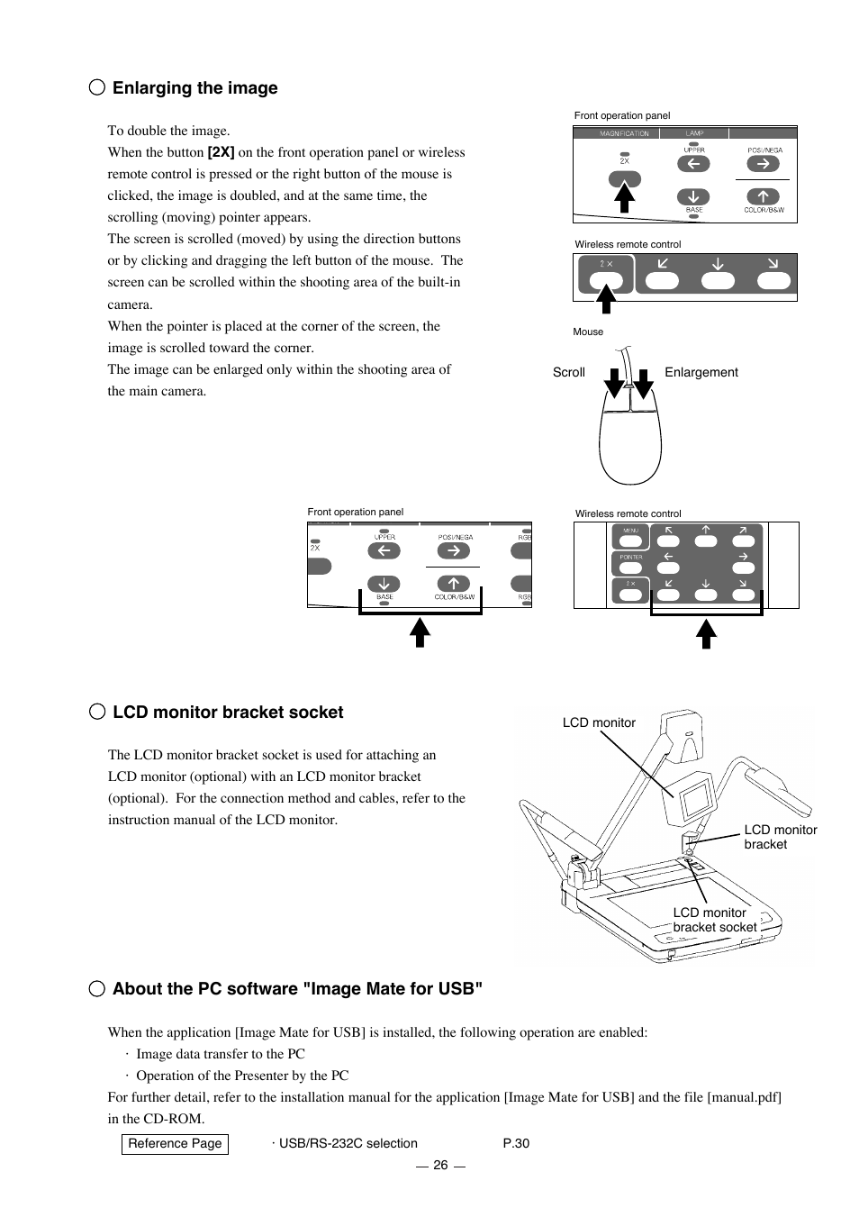 Enlarging the image, Lcd monitor bracket socket, About the pc software "image mate for usb | Elmo HV-7000SX User Manual | Page 27 / 40