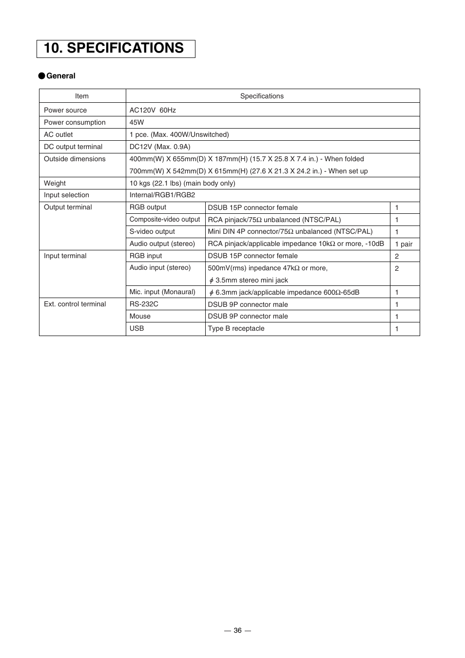 Specifications | Elmo HV-7000SX User Manual | Page 37 / 40