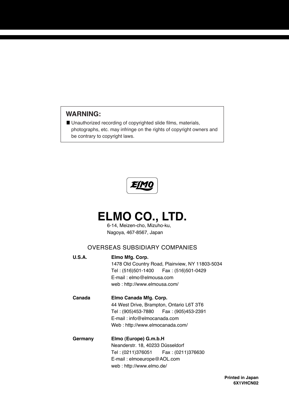 Elmo co., ltd, Warning | Elmo HV-7000SX User Manual | Page 40 / 40