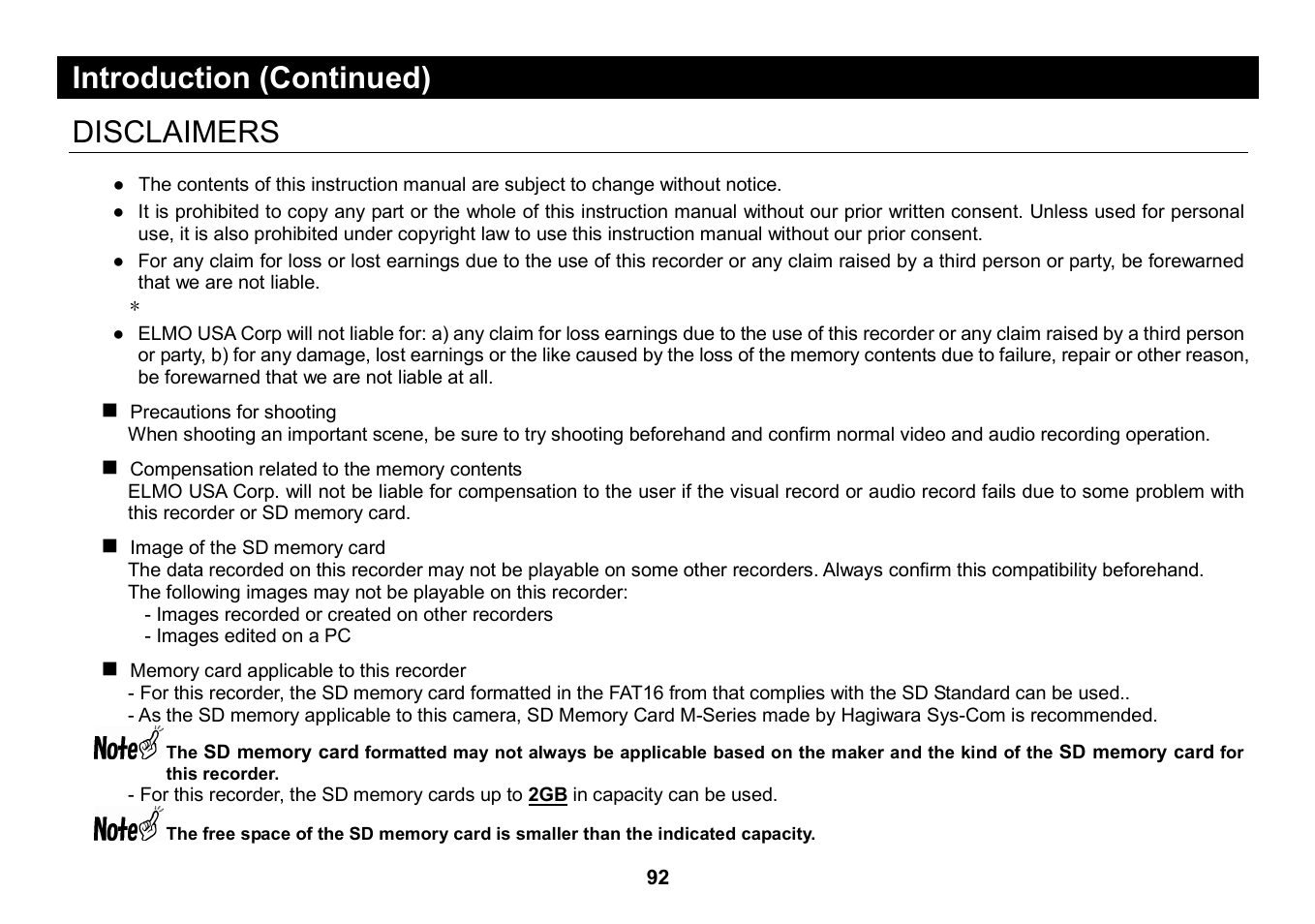 Introduction (continued), Disclaimers | Elmo Micro Video Camera System SUV-CAM User Manual | Page 12 / 66