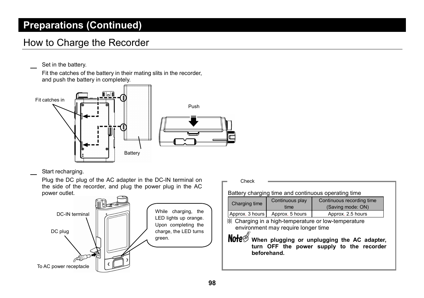 How to charge the recorder, Preparations (continued), How to charge the recorder 1 | Elmo Micro Video Camera System SUV-CAM User Manual | Page 18 / 66