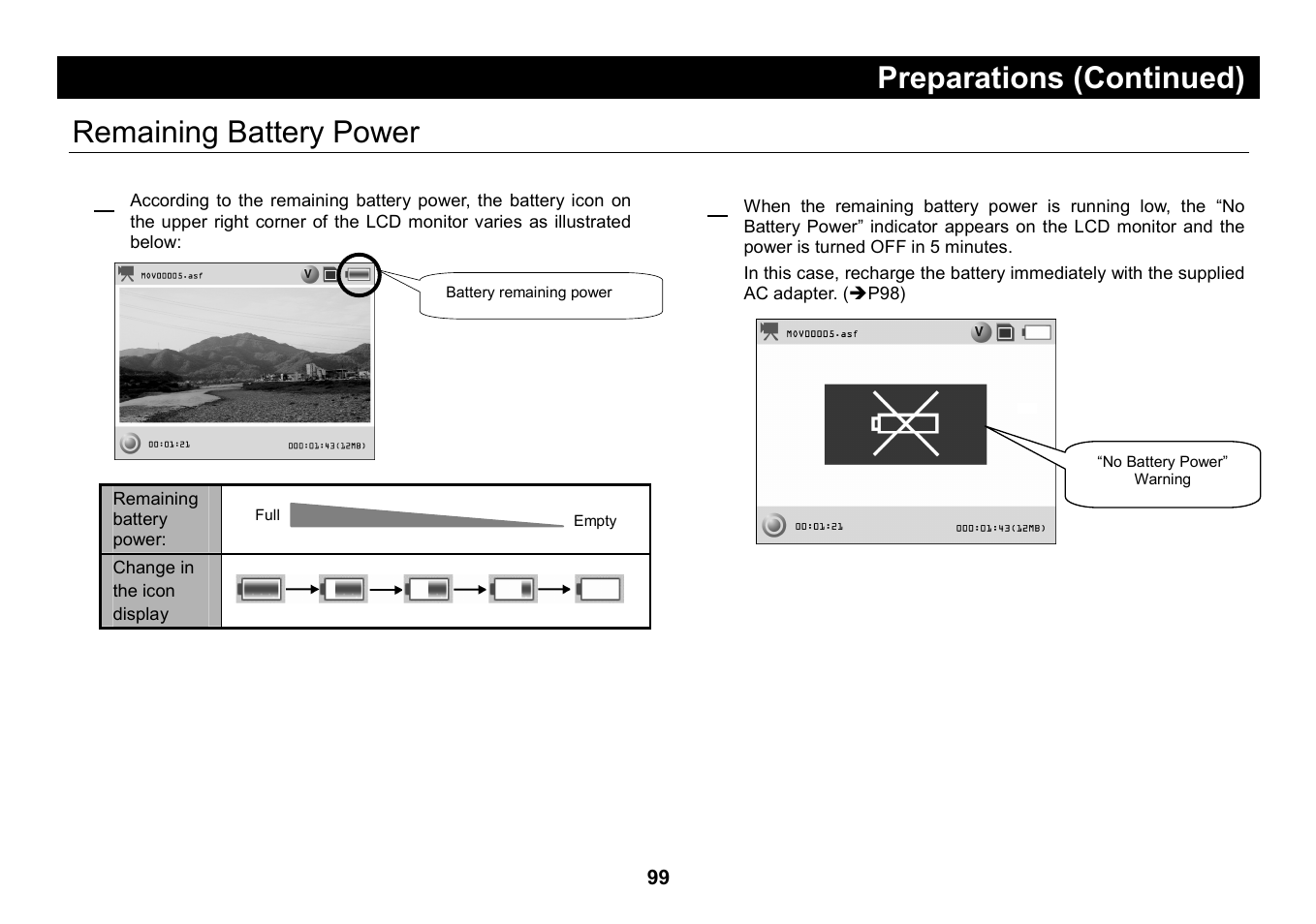 Remaining battery power, Preparations (continued), Remaining battery power 1 | Elmo Micro Video Camera System SUV-CAM User Manual | Page 19 / 66