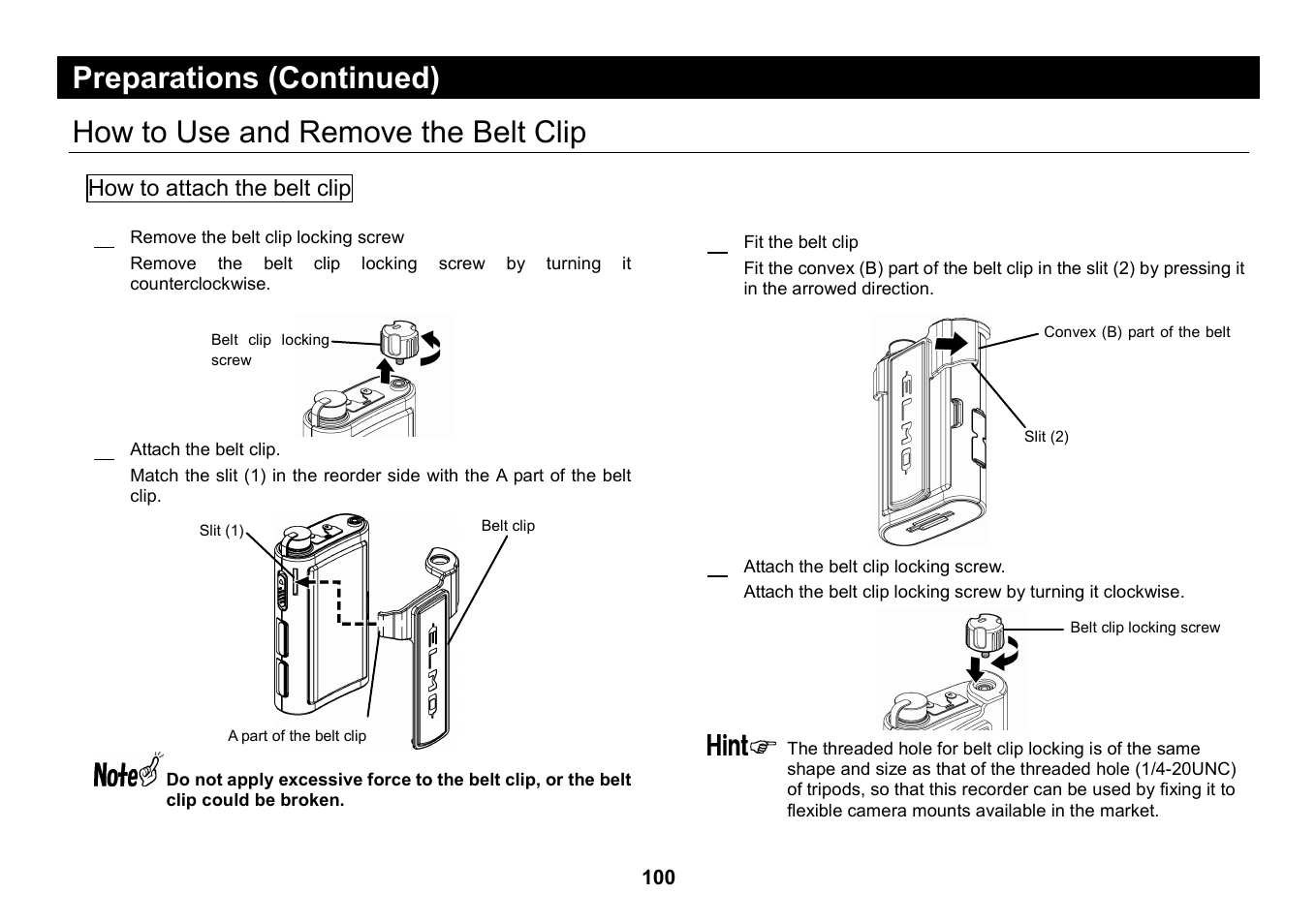 How to use and remove the belt clip, Preparations (continued) | Elmo Micro Video Camera System SUV-CAM User Manual | Page 20 / 66