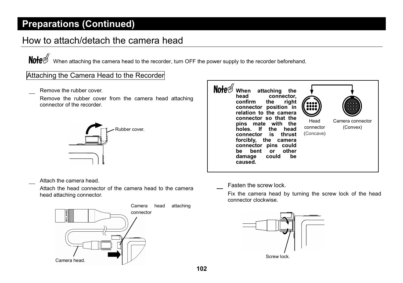 How to attach/detach the camera head, Preparations (continued) | Elmo Micro Video Camera System SUV-CAM User Manual | Page 22 / 66