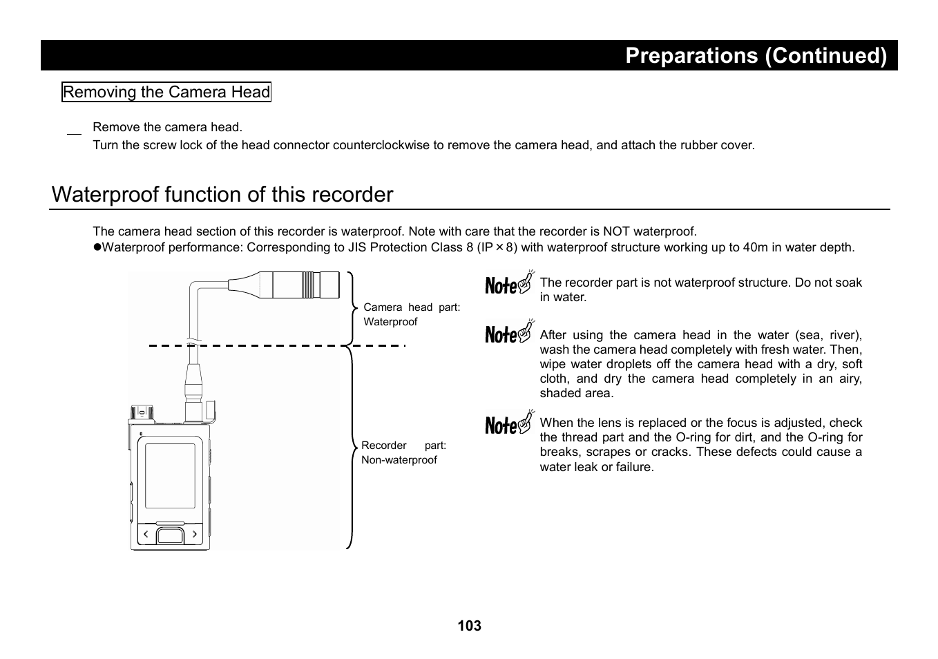 Waterproof function of this recorder, Preparations (continued) | Elmo Micro Video Camera System SUV-CAM User Manual | Page 23 / 66