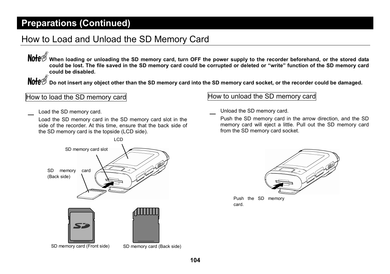 How to load and unload the sd memory card, Preparations (continued) | Elmo Micro Video Camera System SUV-CAM User Manual | Page 24 / 66