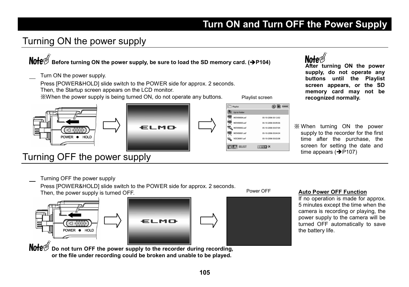 Turn on and turn off the power supply, Turning on the power supply, Turning off the power supply | Turning off the power supply 1 | Elmo Micro Video Camera System SUV-CAM User Manual | Page 25 / 66