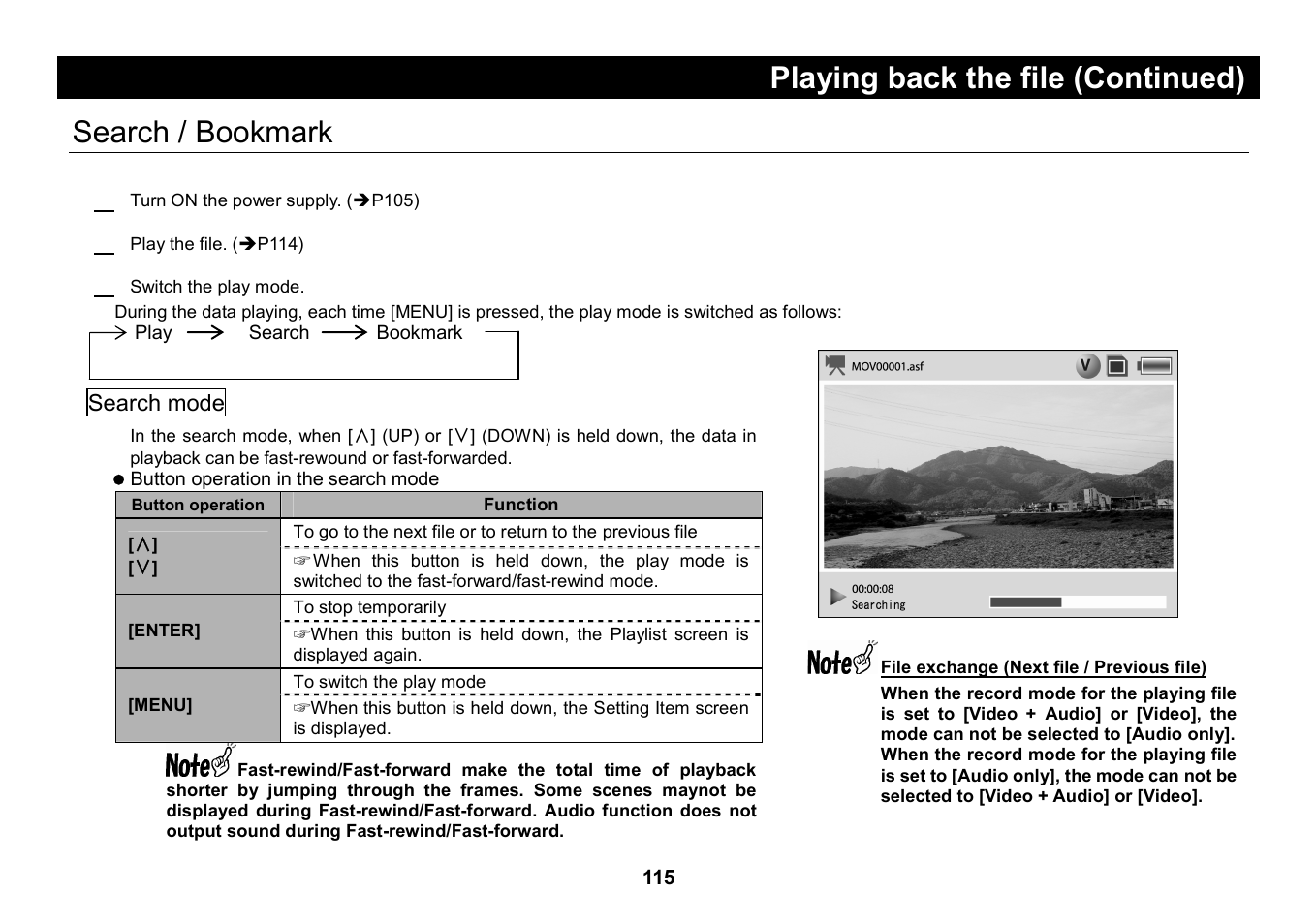 Search / bookmark, Playing back the file (continued), Search / bookmark 1 | Elmo Micro Video Camera System SUV-CAM User Manual | Page 35 / 66