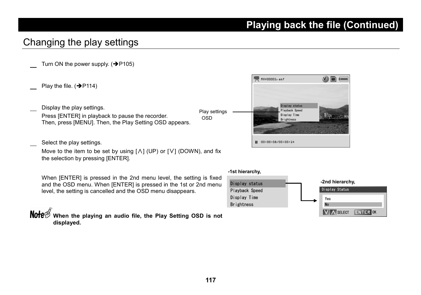 Changing the play settings, Playing back the file (continued), Changing the play settings 1 | Elmo Micro Video Camera System SUV-CAM User Manual | Page 37 / 66