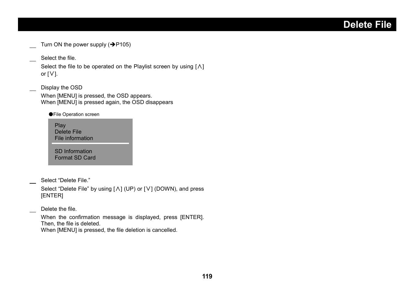 Delete file, Delete file 1 | Elmo Micro Video Camera System SUV-CAM User Manual | Page 39 / 66