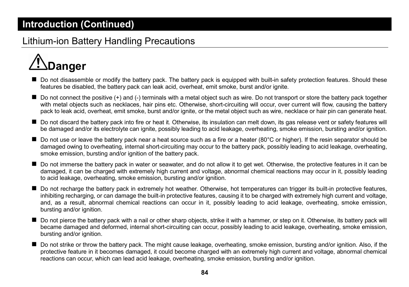 Danger, Introduction (continued), Lithium-ion battery handling precautions | Elmo Micro Video Camera System SUV-CAM User Manual | Page 4 / 66