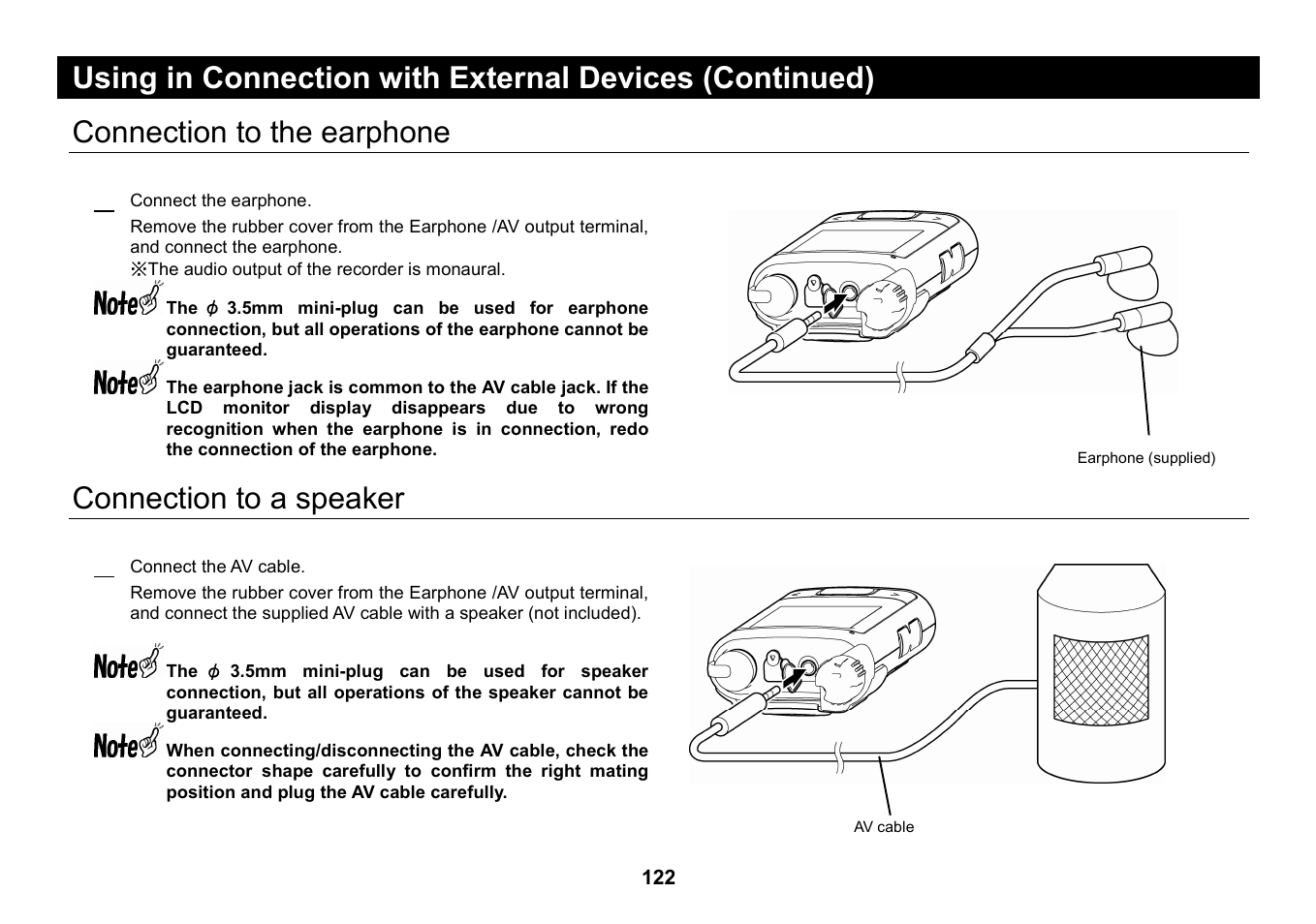 Connection to the earphone, Connection to a speaker, Connection to the earphone 1 | Connection to a speaker 1 | Elmo Micro Video Camera System SUV-CAM User Manual | Page 42 / 66