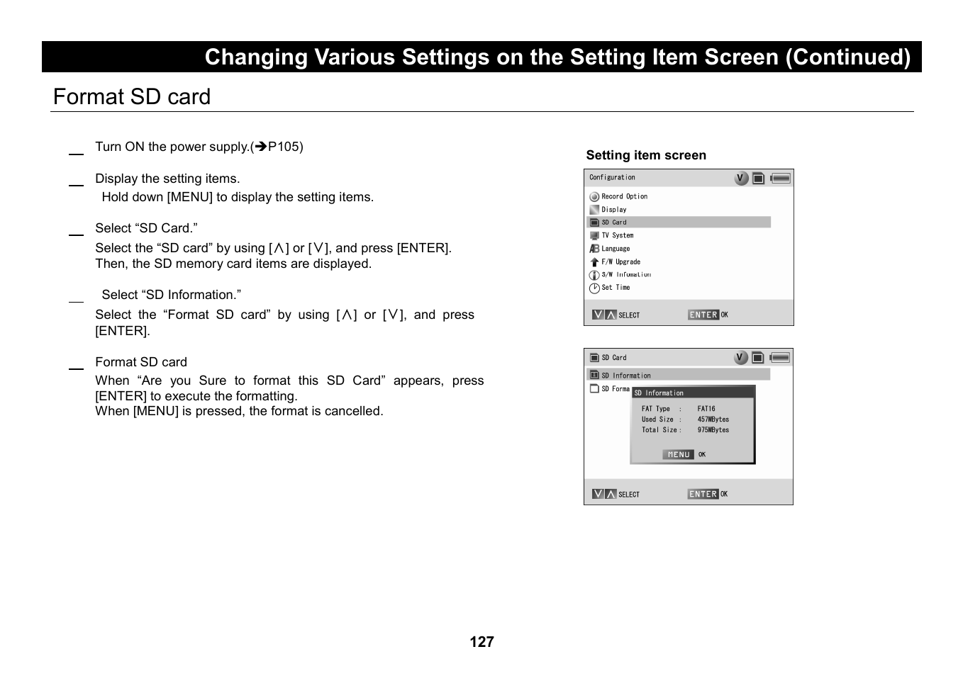 Format sd card, Format sd card 1 | Elmo Micro Video Camera System SUV-CAM User Manual | Page 47 / 66